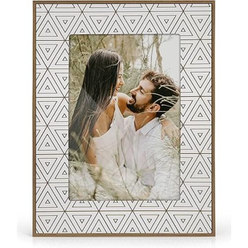 Sapowerntus 4x6 Picture Frame, Boho Photo Frame, White Bohemia Triangle Geometry Pattern with Real Glass, Modern Farmhouse Home Decor for Tabletop or Wall, Mother Family Wedding Gifts