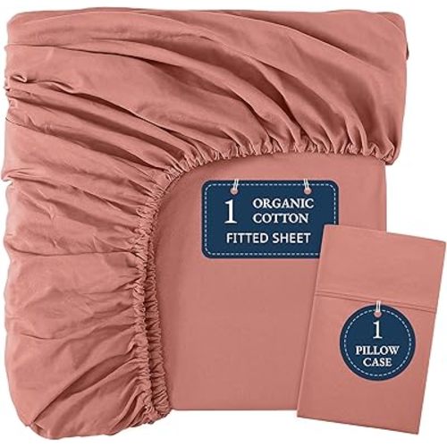 LANE LINEN 100% Organic Cotton Twin Fitted Sheet, 2-Piece Set (1 Fitted Sheet, 1 Pillowcase), Percale Weave, Lightweight, Soft, Breathable, Fits Mattress Upto 15' Deep - Rose Dawn (No Flat Sheet)