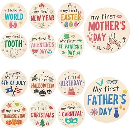 7pcs My First Holiday Baby Milestones Cards, My 1st Signs of 14 Holidays Wooden Circles New Baby Sign Double Sided Baby Discs Announcement Newborn Photo Props for Baby Shower Party Supplies Gift