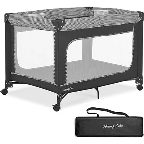 Dream On Me EZGo Portable Playard, Tool-Free Assembly, Easy One-Step Fold, Breathable Mesh Sides, Removable Mattress Pad & Smooth Locking Wheels, Travel Carry Bag Included – Black & White