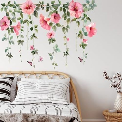 Pink Hibiscus Flower Wall Decals with Butterflies, Peel and Stick Floral Vine Wall Stickers, Tropical Hanging Flower Wall Decor for Bedroom Living Room Home Decoration
