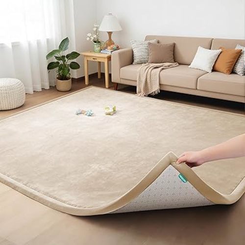 Baby Play Mat for Floor Cushion, 1.3" Thick Memory Foam Extra Large Tummy Time Mat, Soft Velvet Non Slip, Toddler Baby Kids Nursery Rug for Crawling, Living Room, Tatami Style, Beige