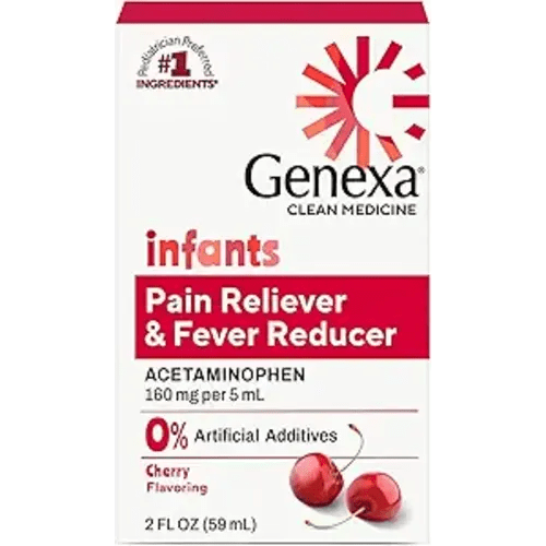 Genexa Infants' Clean Acetaminophen | Pediatrician Preferred Ingredients | Pain Reliever & Fever Reducer for Babies| Dye Free, 0% Artificial Additives | Delicious Organic Cherry Flavor, 2 fl oz