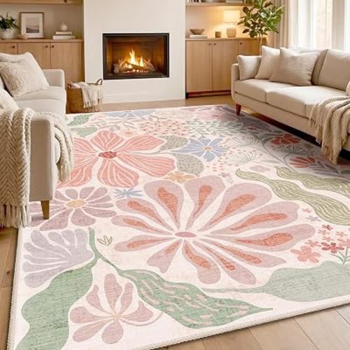Washable 8x10 Area Rugs Pink Floral Large Rug Non Slip Low-Pile