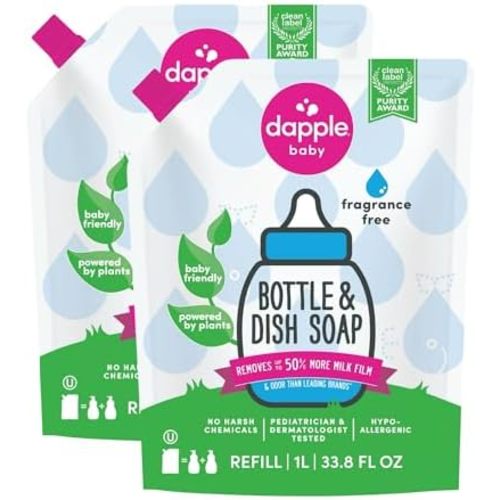 Dapple Baby Fragrance-Free Bottle & Dish Soap Refill Pouch - (2 Pack) 33.8 fl oz - Plant-Powered Cleaner for Baby Bottles, Pump Parts, and Sippy Cups