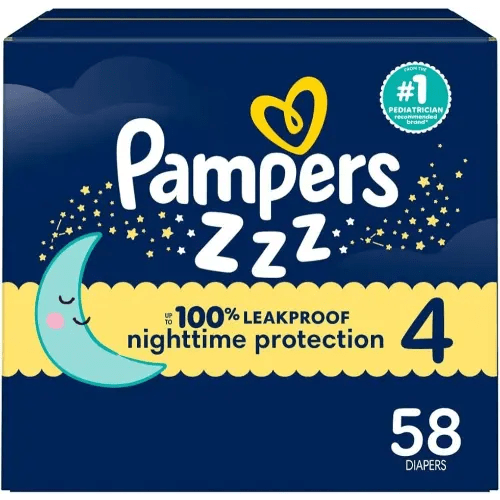Pampers ZZZ Overnight Diapers, Size 4 (22-37 lbs), 58 Count, Nighttime Protection Disposable Baby Diaper, Night Time Leak and Skin Protection