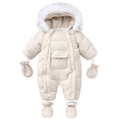 Baby Snowsuit One-Piece Thickened Winter Jumpsuit for Toddler With Gloves & Booties Zip-Up Hooded Warm Down Coat