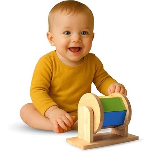 Montessori Wooden Rainbow Drum Spinning Toys for Babies 6-12 Months Toddlers | 100% Child Safe | Spinning Drum Baby Toy | Tummy Time Toy| Educational Toys for Early Development | Thanks Giving
