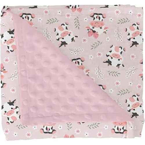 Cute Cow Pink Bows Baby Blankets for Girl Boy Cartoon Cows with Flowers Leaves Soft Mink Dotted Backing Double Layer Swaddle Blanket Farm Animals Bed Throw for Newborn Infant Toddler Nursery 30x40