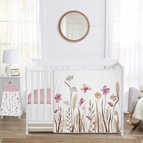 Sweet Jojo Designs 4-Piece Baby Crib Bedding Set (Pink Boho Floral) for Girls, Infants/Nursery incl. Blanket, Fitted Sheet, Skirt, Diaper Stacker (Vintage, Wildflower Garden, Bohemian, Farmhouse)