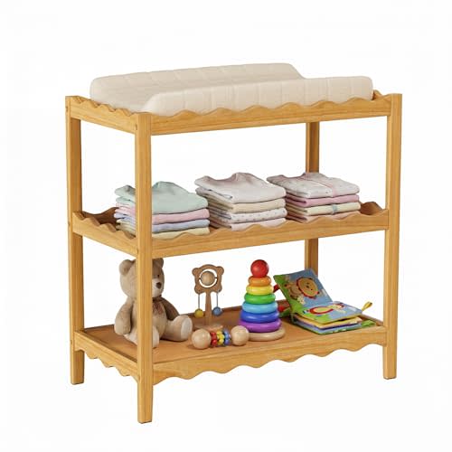 UbabyNest Baby Changing Table, Portable Changing Table, Compact and Lightweight, Solid New Zealand Pinewood, Two Storage Wave-Shaped Shelves, Nursery Organizer, Natural Wood