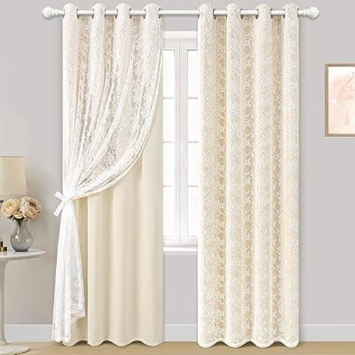Yinhua Blackout Curtains for Bedroom Double Layer Beige Curtains for Living Room 84 Inches Long Nursery Curtain with Tiebacks, Thermal Insulation Grommet Drapes for Toddler, 52" W x 84" L