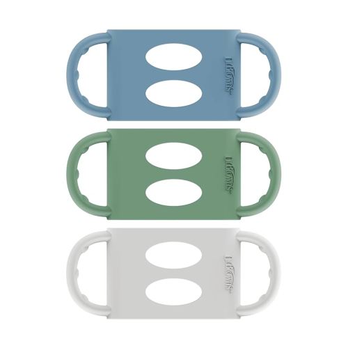 Dr. Brown's Wide-Neck Baby Bottle Handles, 100% Silicone, Easy Grip Removable Handles for Bottle to Sippy Cup Transition, Blue/Gray/Green, 3-Pack, 4m+