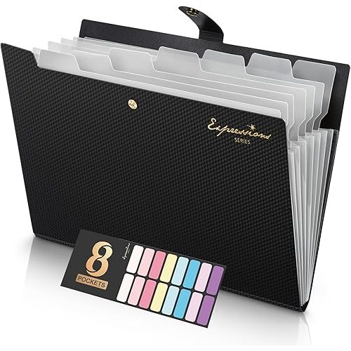 Sooez Accordion File Organizer, 8 Pocket Expanding File Folder with Labels, Letter Size Folders for Documents, Portable Paper Bill Receipt Organizer for Home School Office Supplies, Black