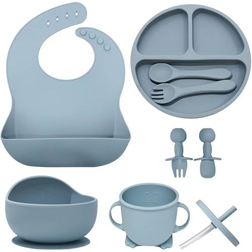 Silicone Baby Feeding Set,8 Piece Food Grade BPA Free Essentials for Toddler Kids Includes Divided Suction Plate, Suction Bowl, Adjustable Bib, Toddlers Spoon and Fork, Cup with Straw (Blue)