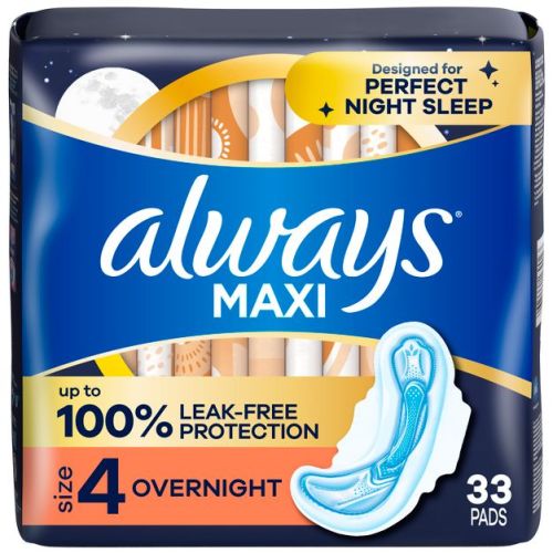 Always Maxi Pads Overnight Absorbency Unscented with Wings - Size 4 - 33ct