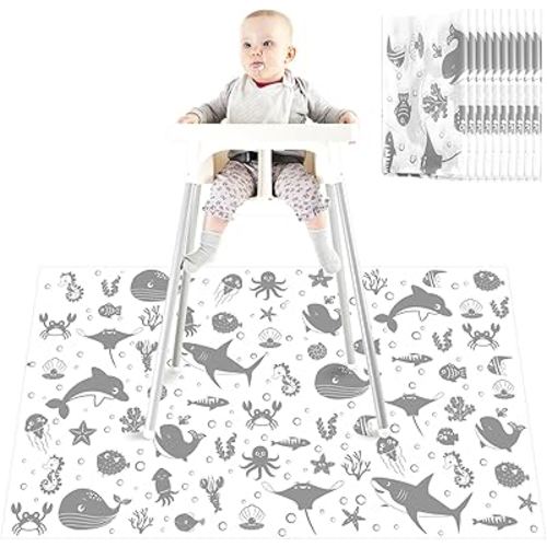 100 Pack 28"x47" Splat Mat for Under High Chair, Disposable Mats with Animals Print, Waterproof High Chair Mat Plastic Floor Mat Multipurpose Mat Baby Led Weaning Supplies (Sea Animal)