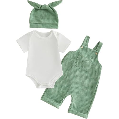 Newborn Baby Boy Clothes Summer Outfit Solid Color Short Sleeve Romper Waffle Suspender Shorts Overall Set 3Pcs