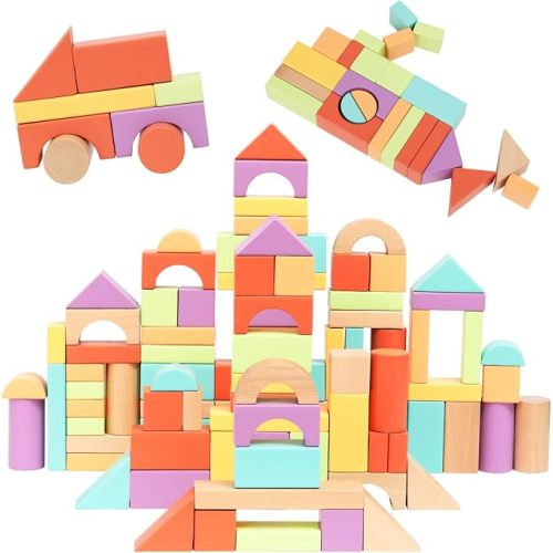 Nene Toys 100-Piece Wooden Building Blocks for Toddlers 1-3 - Bright Colorful Montessori Stacking & Sorting Toy - 11 Shapes, Vibrant Colors - FSC-Certified Wood Gift for Boys & Girls 1-4