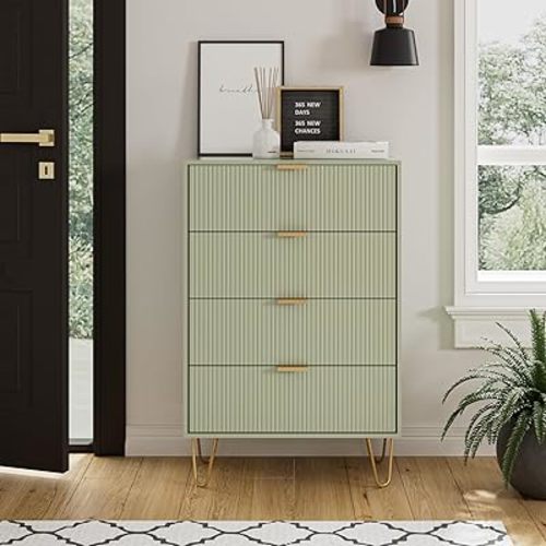 Masupu 4 Drawer Dresser, Drawer Chest, Tall Storage Dresser Chest Cabinet Organizer Unit with Gold Metal Legs, Nightstand for Bedroom, Living Room, Closet, Hallway Green Stripe