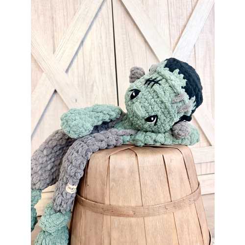Crochet Frankenstein Snuggler: Plush Knotted Lovey, Embroidered Eyes, halloween baby