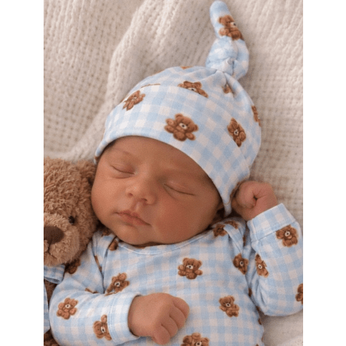 Knot Beanie, Blue Teddy Picnic