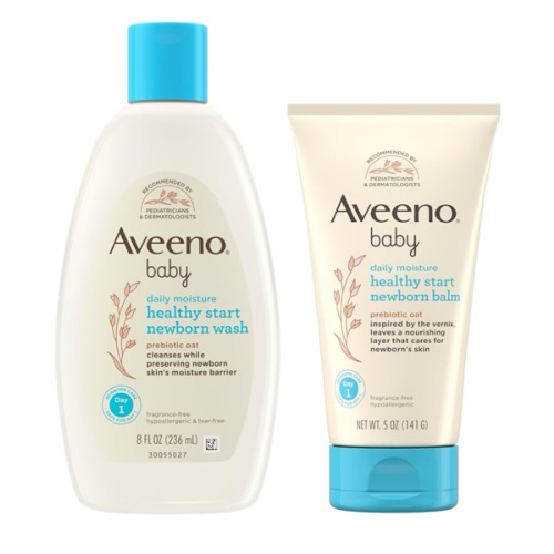 Bundle of Aveeno Baby Healthy Start Newborn Wash, Hypoallergenic Baby Body Wash with Prebiotic Oat, Fragrance-Free, 8 fl. oz + Newborn Balm, Baby Skin Balm with Prebiotic Oat , Fragrance-Free, 5 oz