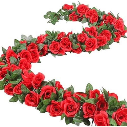 16 FT Fake Rose Vine Garland Artificial Flowers Plants Hanging Rose Ivy Home Hotel Office Wedding Party Garden Décor (Red/2PCS)