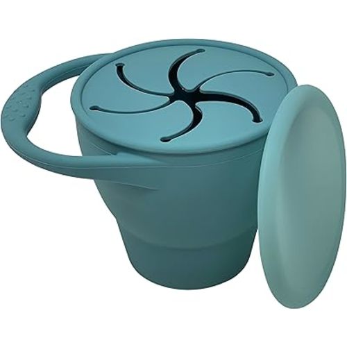BraveJusticeKidsCo | Snack Attack Snack Cup | Collapsible Silicone Snack Container | Toddler and Baby Snack Catcher Lid (Citadel)