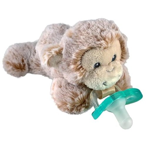 RaZbaby JollyPop Pacifier, Holder w/Detachable Baby Pacifier, Stuffed Animal RaZbuddy, All Ages 0M+, 100% Medical Grade USA Made Silicone, Machine Washable, Textured & Easy to Hold – Monkey