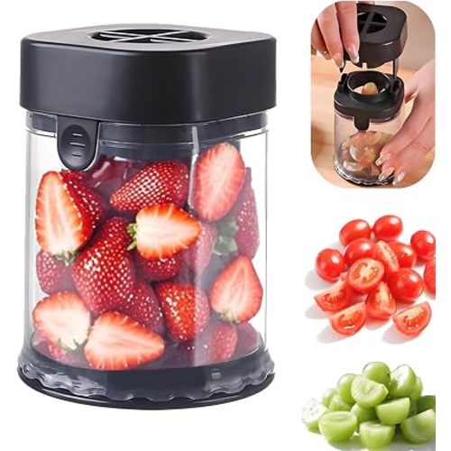 Grape Cutter for Toddlers & Baby — Fruit Slicer Cup with 304 Stainless Steel Blades, Quarters Grapes Strawberries Cherry Tomatoes into 4 Pieces, Non-Slip, Easy Rinse Clean (Black)