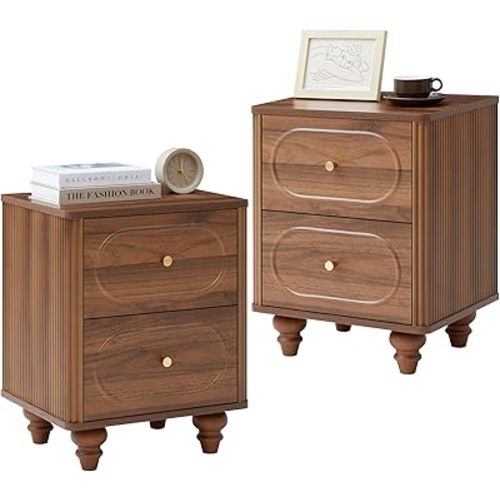 2 Drawer Fluted Nightstand Set of 2, Mid Century Modern Farmhouse Night Stand Small End Table Bedside Table for Bedroom, Living Room, Walnut