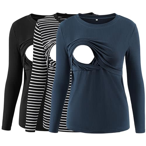 Liu & Qu Women's Nursing Tops Ribbed Long Sleeves Maternity Shirts Double Layer Breastfeeding Shirts Pregnancy Clothes 3 Pack