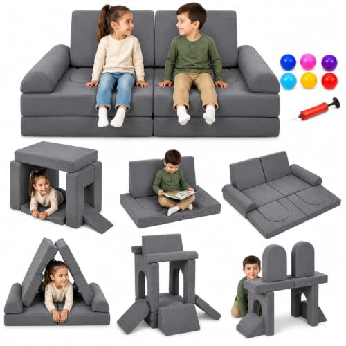 Modular Kids Play Couch, Grey – Secure Interlocking Design, Sturdy Foam Sofa with 6 Inflatable Balls, Convertible Playroom Furniture & Floor Cushion for Toddlers, 10 PCS