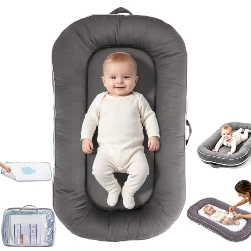 Baby Lounger 0-24 Months,Organic Cotton Nest with Diaper Pad,Gray | infant support cushion,Breathable,Bionic Design,Newborn Babies Essentials