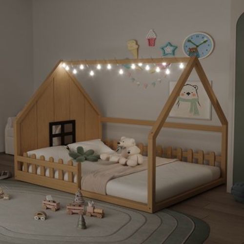 Full Size Floor Bed for Kids, Wood Montessori Bed with Fence & LED Light, Full House Bed with Window and Roof for Girls & Boys