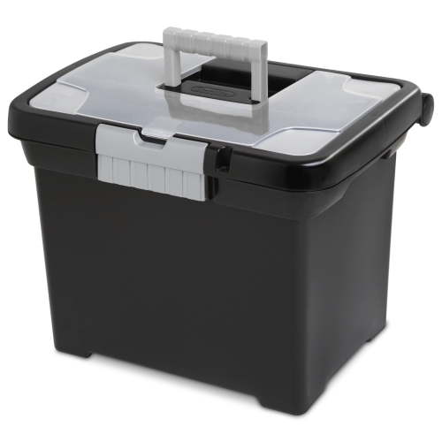 Sterilite Portable File Box, Letter-Size Plastic File Storage Box with Handle and Divided Lid Storage Compartment, Black
