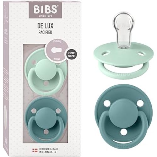 BIBS De Lux Baby Pacifier 2-Pack | Made in Denmark | BPA Free Dummy Soother, Round Nipple. Silicone, OneSize (0-36 Months), Nordic Mint/Island Sea