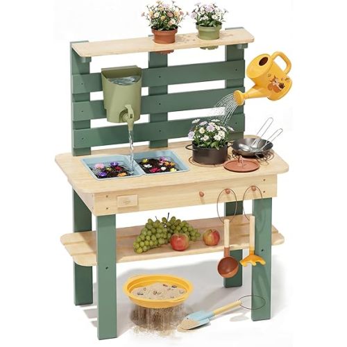 Lehoo Castle Mud Kitchen for Kids Outdoor, Wooden Play Kitchen with Real Faucet Sink, Pretend Play Kitchen Playset for Sensory Fun, Water, Cooking & Planting Toy for Toddler Boys Girls Ages 3+