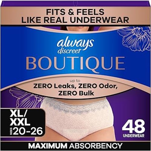 Always Discreet Boutique Black, Reimagined Adult Diapers for Women, Maximum Absorbency Incontinence and Postpartum Underwear Size XL/XXL, Fits and Feels Like Real Underwear, 48 Count