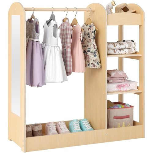 Costzon Kids Dress up Storage with Mirror, Clothes Rack, 3-Tier Shelves, Bottom Tray, Pretend Play Costume Dresser Organizer Center, Open Hanging Armoire Closet for Little Girls (Natural)