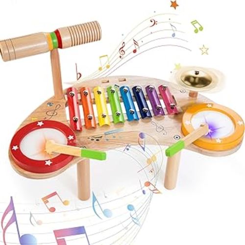 JUSTWOOD Baby Drum Set, Montessori Musical Instruments for Toddlers 1-3, All in 1 Wooden Percussion Xylophone Toddler Drum, Educational Sensory Musical Toys Birthday Gift for 3 Year Old Boys and Girls