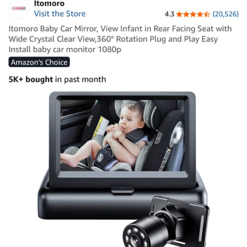 Itomoro Baby Car Mirror, View Infant in Rear Facing Seat with Wide Crystal Clear View,360° Rotation Plug and Play Easy Install baby car monitor 1080p