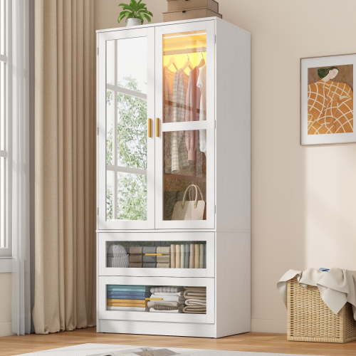 2 Doors Armoire Wardrobe Closet for Bedroom, with Mirror & 2 Drawers & LED Sensor Light, 71" H Wardrobe Closet Cabinet with Hanging Rod, Glass Doors