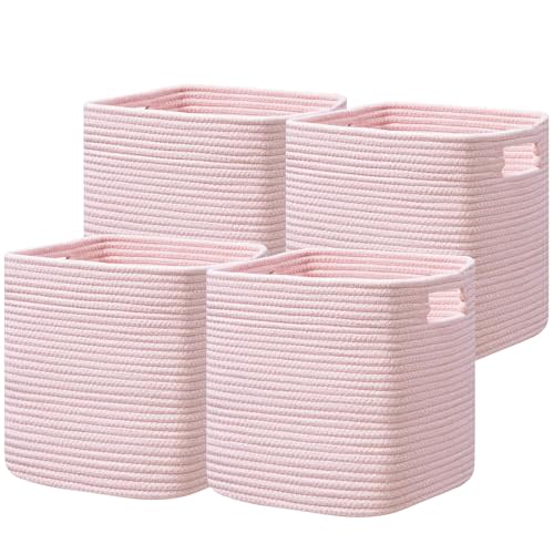 UBBCARE Set of 4 Storage Basket-13 X 13 X 13 in, Cotton Rope Basket for Shelves, Toys, Book, Cube Storage Bins with Handles, Woven Storage Basket for Organizing, Pink