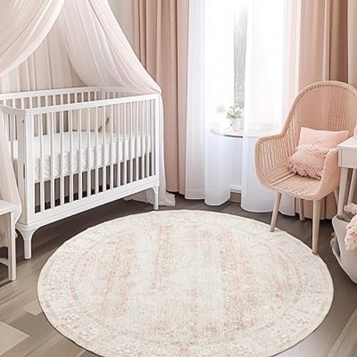 5ft Round Rug Washable Area Rug Vintage Indoor Floor Cover Floral Print Blush Pink Circle Carpet 5' Round Kitchen Living Room Bedroom Dining Room