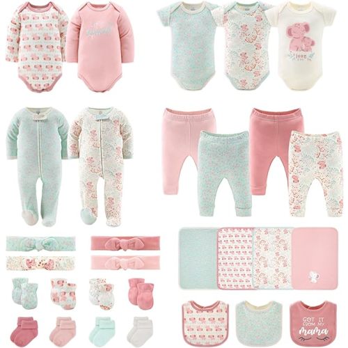 The Peanutshell Newborn Clothes & Accessories Set, Baby Layette Gift Set, 0-3 Month Outfits, 30 Pieces - Floral Elephant