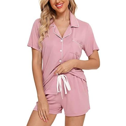 Pjmlifecoco Women's Modal Pajama Set Short Sleeve Button Down Two Piece Soft Sleepwear with Shorts Loungewear S-XXL