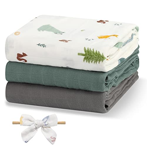Papablic Muslin Swaddle Blankets, 3-Pack Soft Silky Swaddle Blankets for Boys and Girls, Cotton Receiving Blanket with 1 Hair Bows, Solid Color/Animals, Large 47 x 47 inches