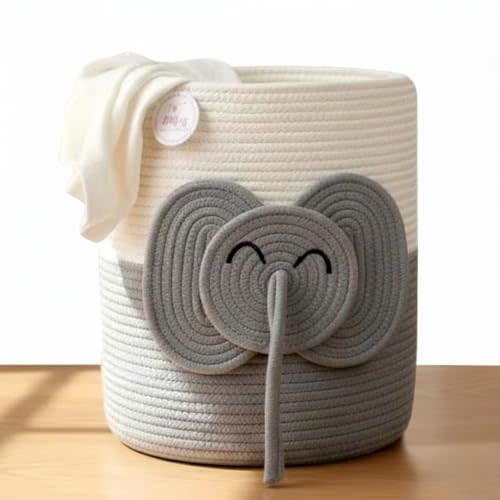 Large Laundry Basket for Kids & Toy Storage Organizer | Woven Cotton Rope Bin for Stuffed Plushies | Cute Elephant Animal Design Hamper with Cutout Handles for Nursery, Playroom & More (Elephant)